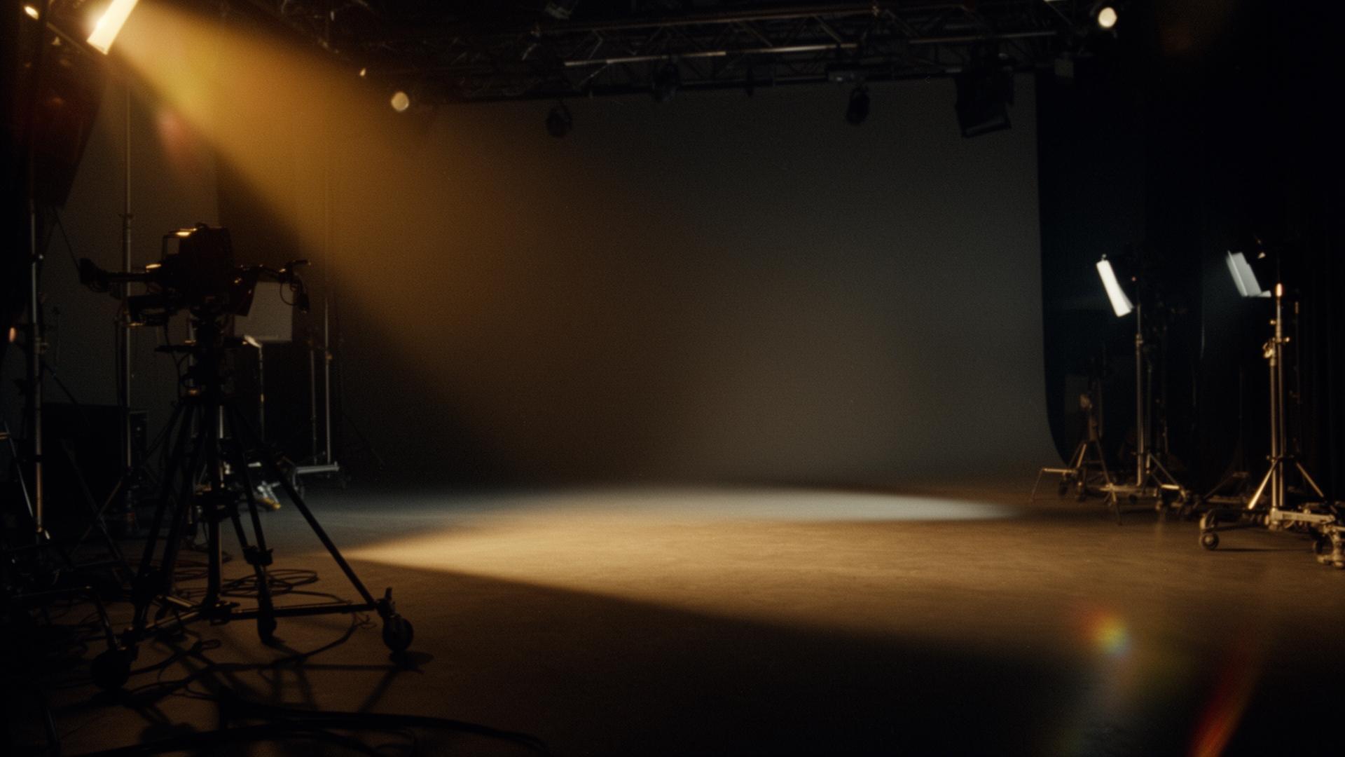 Cinematic empty film stage lit by warm key light